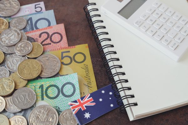 Australian money, AUD  calculator, and notebook